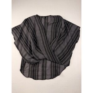 Aakaa Womens Black White Striped Surplice Wrap Top Cotton Linen Small